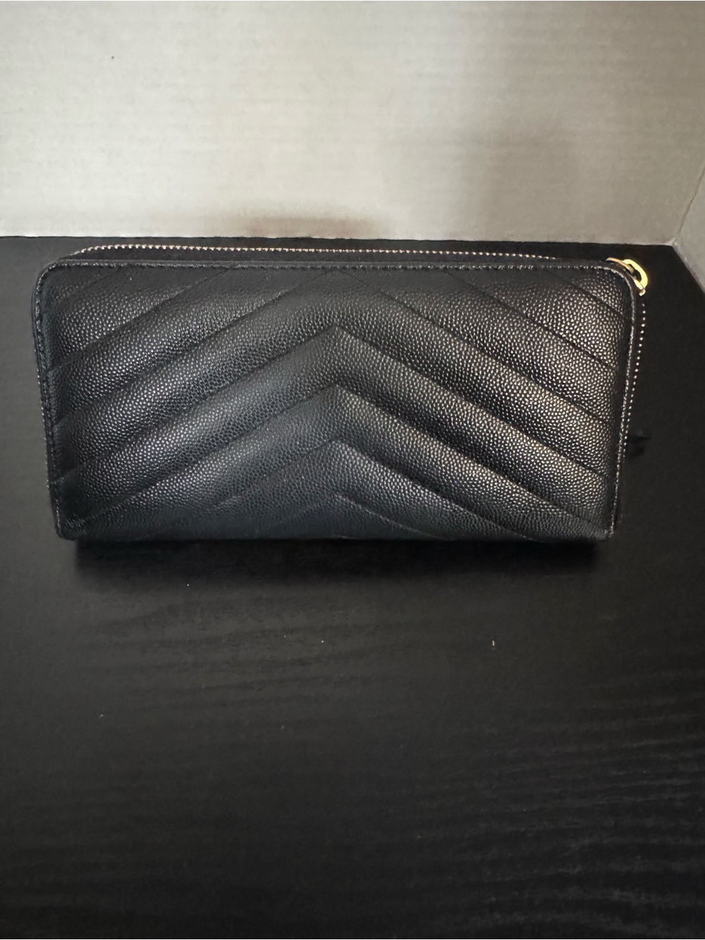Saint Laurent Black Chevron Quilted Zip-Around Wallet with Gold YSL Emblem - Picture 3 of 6